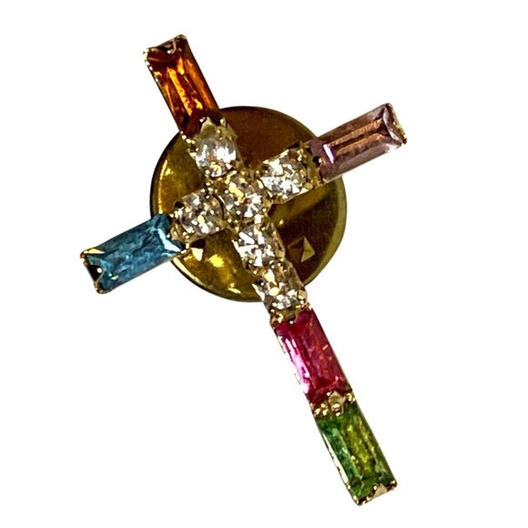 Unbranded Jewelry - Multicolor Rhinestone Cross Lapel Pin With Gold-Tone Backing